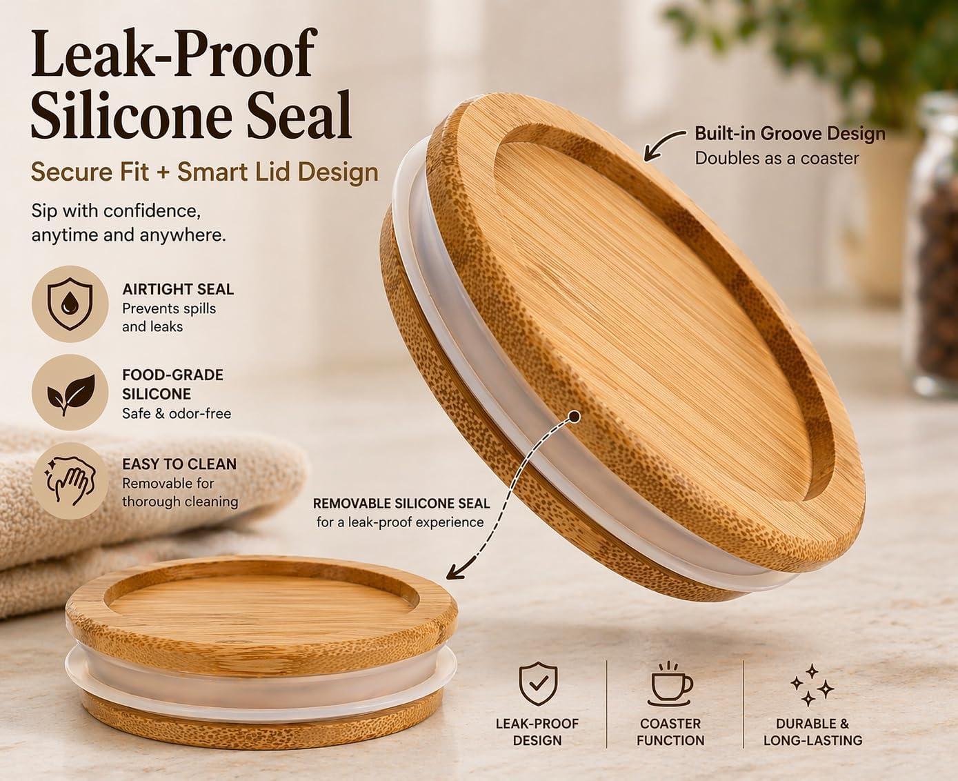 Jiuchen 2 PACK Glass Coffee Mug sets with Handle & Spoon, 16 OZ Glass Coffee mups with Bamboo Lid, Clear glass tea cups for Hot/Cold Beverages, Glassware Set for Americano, Latte, Cappuccino