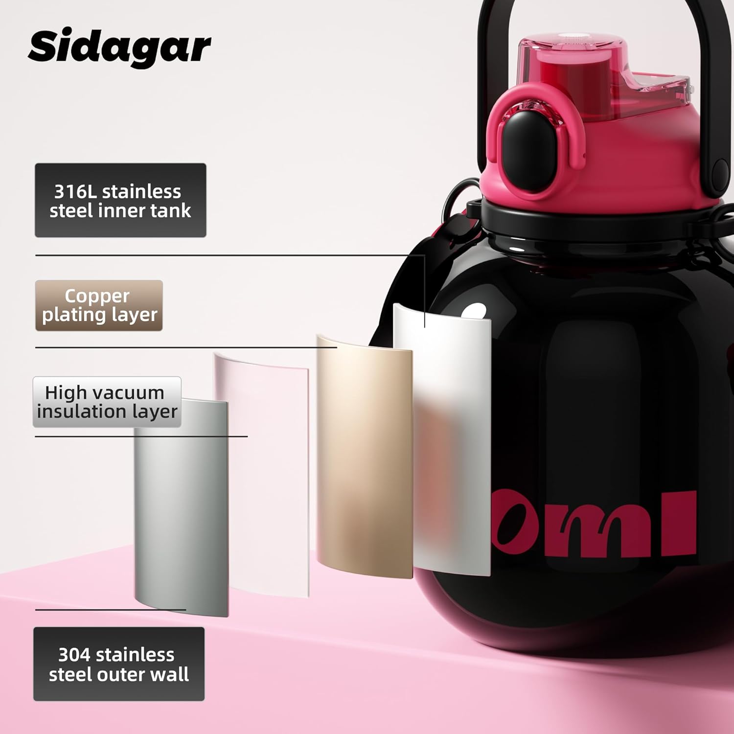 60 oz Big Water Bottle with Straw and Carry Handle, Black Wide Mouth Vacuum Insulated Stainless Steel Bottles; Heavy-Duty Aesthetic Yoga Flask for Women, Sweet & Cool Black - Image 8