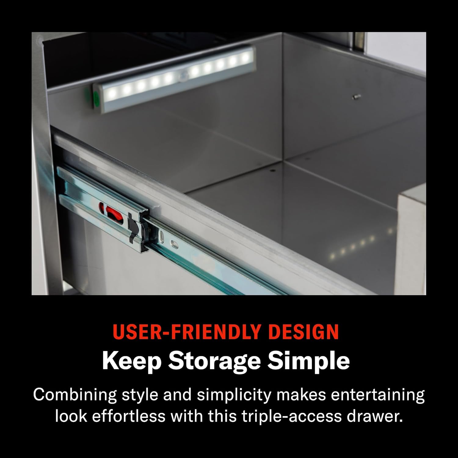 Blaze 16-Inch Triple Access Drawer – Made in USA Stainless Steel Outdoor Kitchen Storage with Soft-Close Drawers & LED Lighting