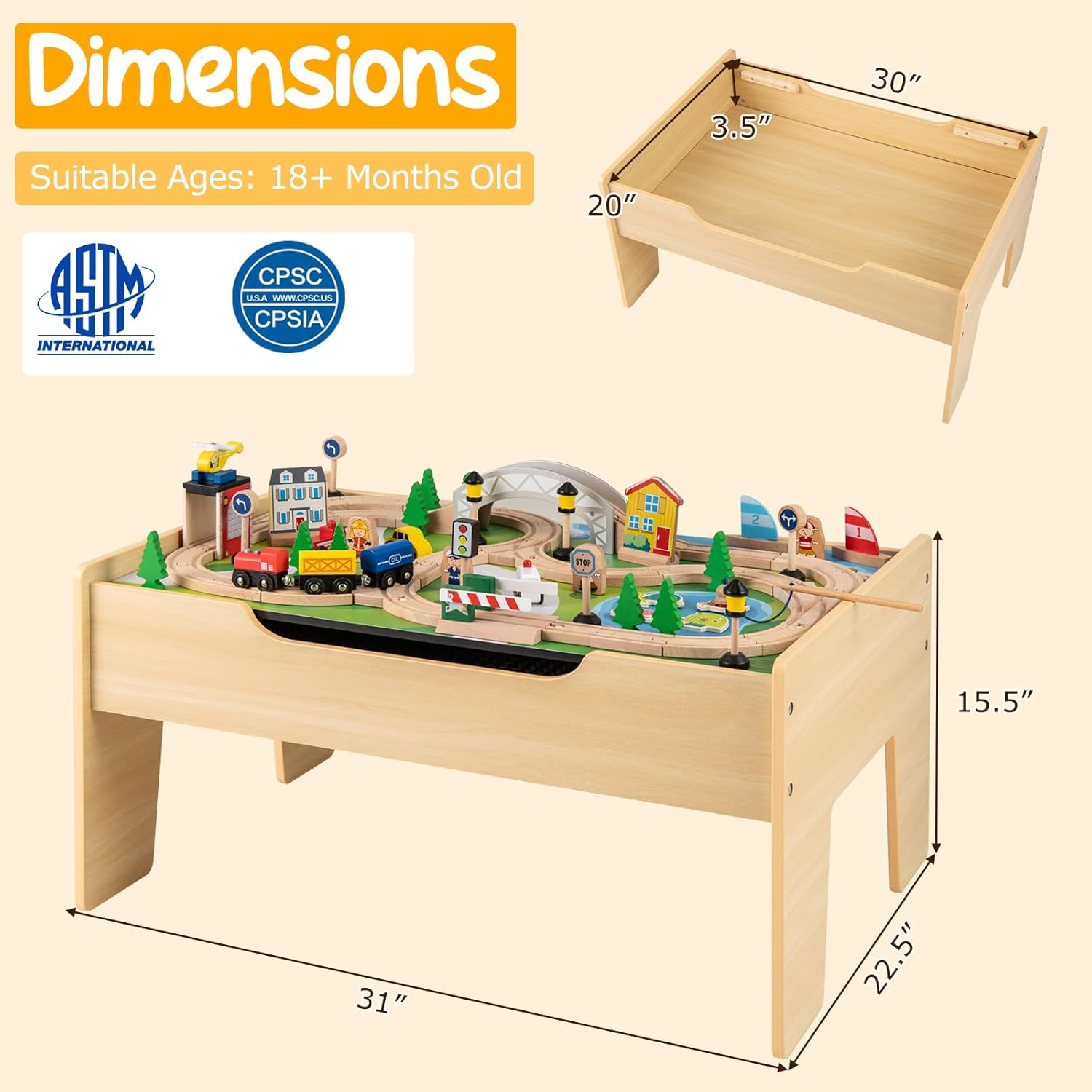 GLACER 78 Pieces Train Table, Wooden Activity Table with Reversible Top, Magnetic Fishing Rod, Storage, Tracks, Buildings, Multipurpose Painted Train Table Set for Toddlers 18M+, Gift for Boys Girls
