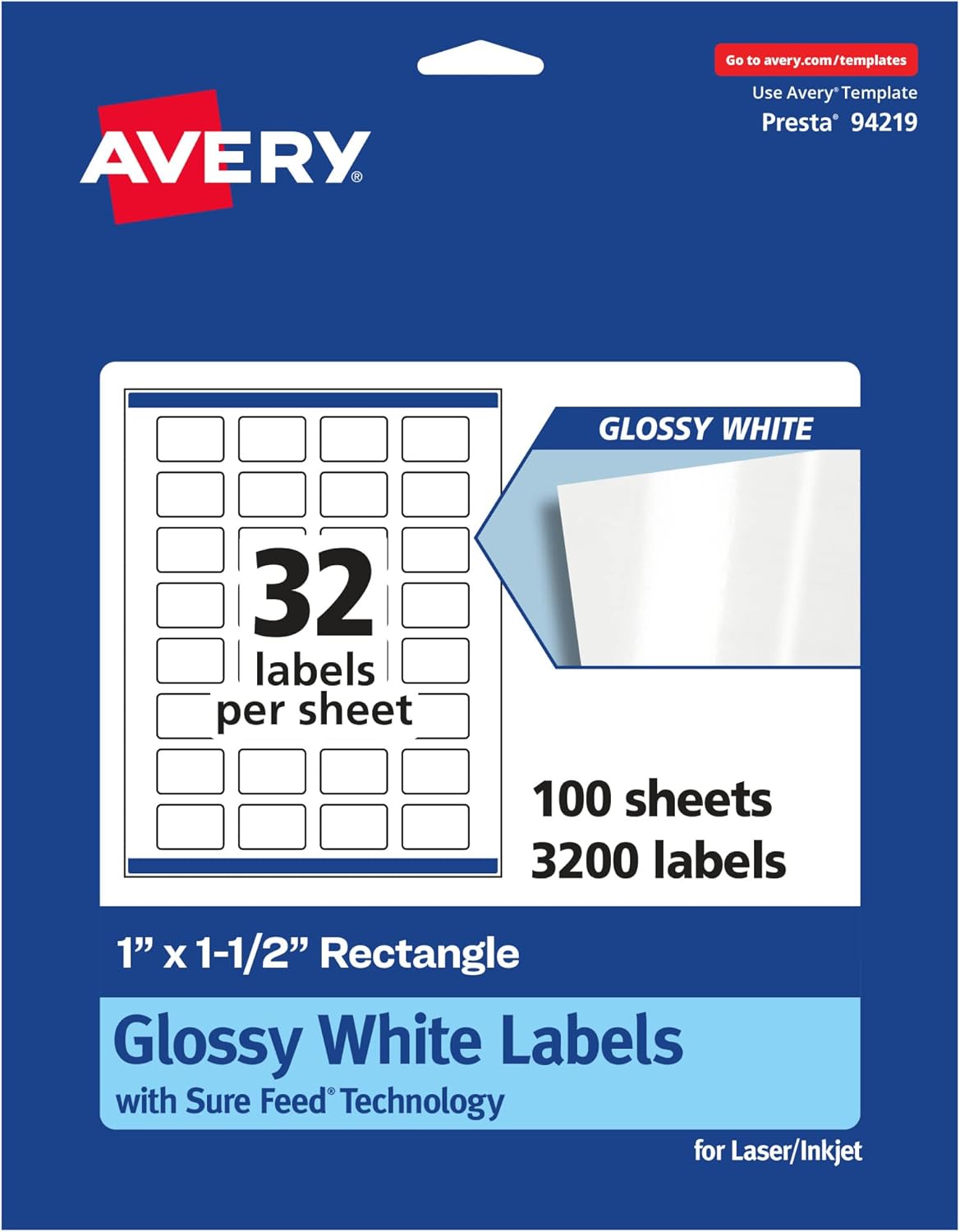 Avery Glossy White Rectangle Labels, Sure Feed Technology, 1" x 1.5", 3,200 Glossy White Labels, Print-to-The-Edge, Permanent Adhesive, Laser/Inkjet Printable