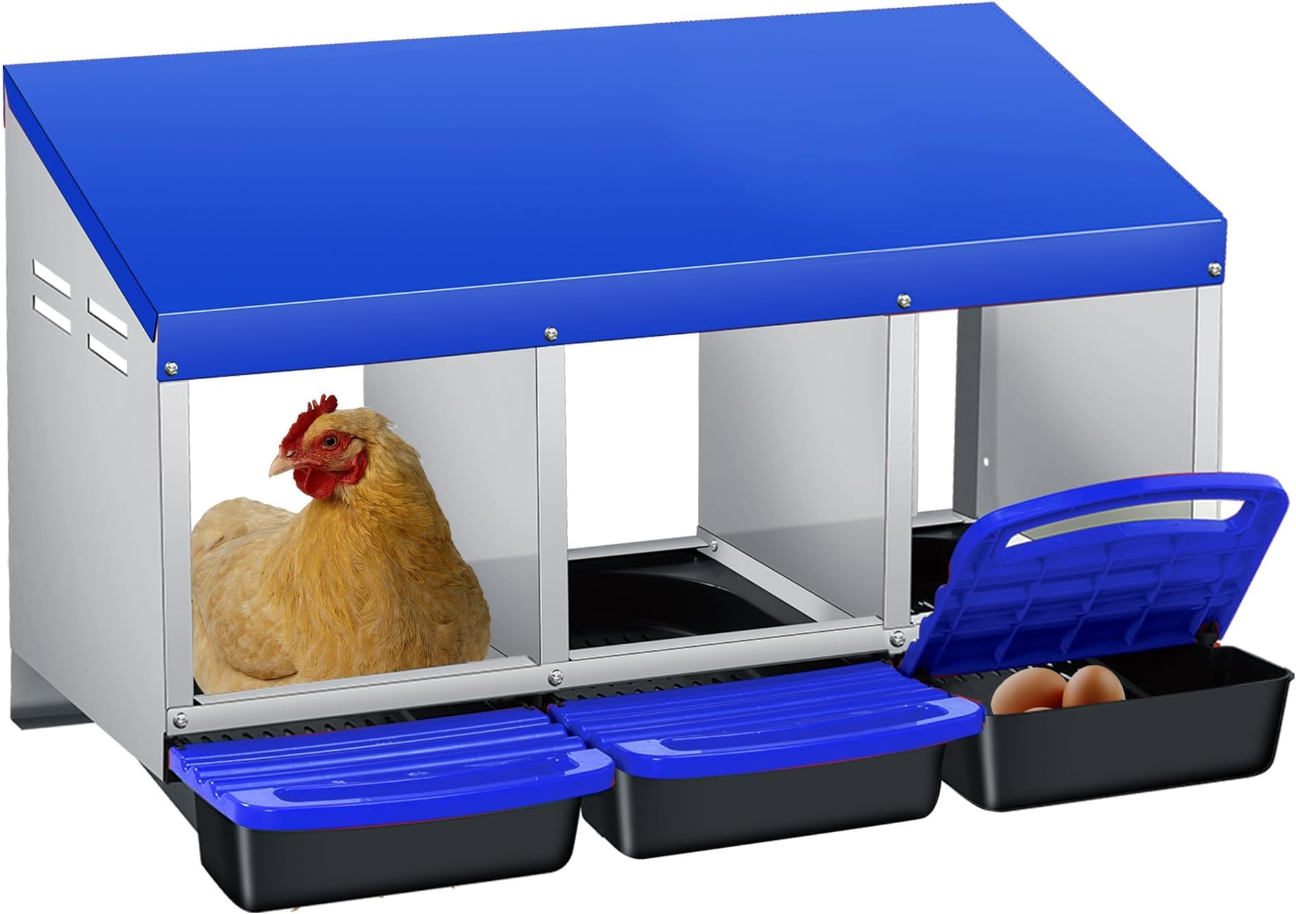 3-Compartment Heavy Duty Chicken Nesting Box | Automatic Roll-Away Egg Collection System | Galvanized Steel Wall Mount or Stand Hen Laying Box (Blue, 3 Holes)