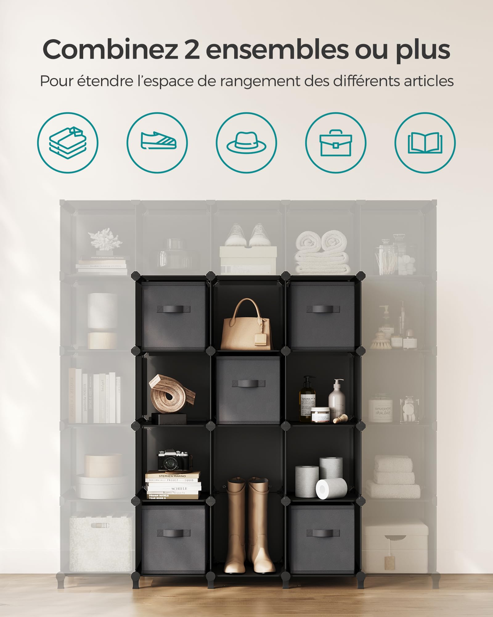 SONGMICS Meuble de Rangement avec Boîtes, Meuble à 9 Cases pour Vêtements, Étagères en Tissu Non-tissés, Personnalisable, Extensible, Gain de Place, Chambre, Noir d'Encre et Gris Tourterelle LPC092B01