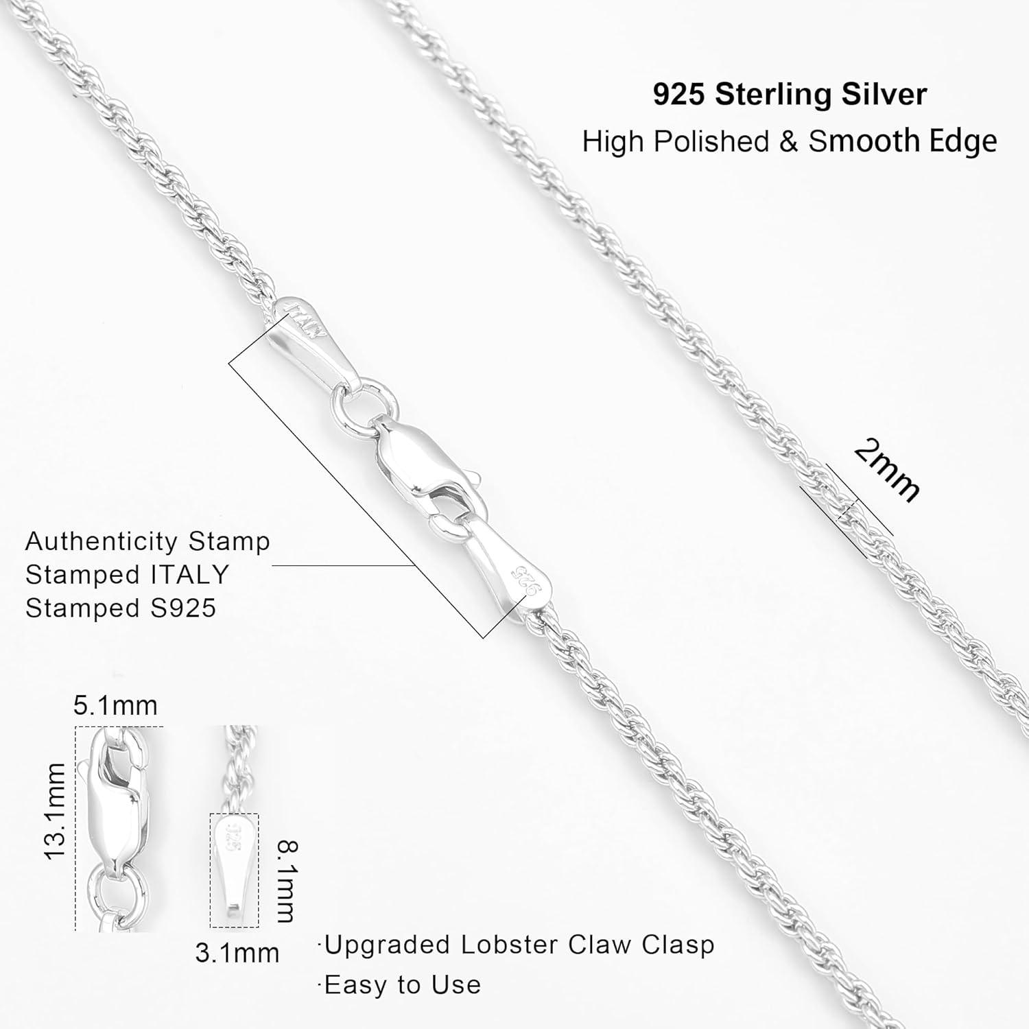 925 Sterling Silver Rope Chain Lobster Clasp 2/2.5/3/4/5mm Gold Plated/Silver Chain for Men Women Silver Necklace Chain 16/18/20/22/24/26/30 Inches - Image 3