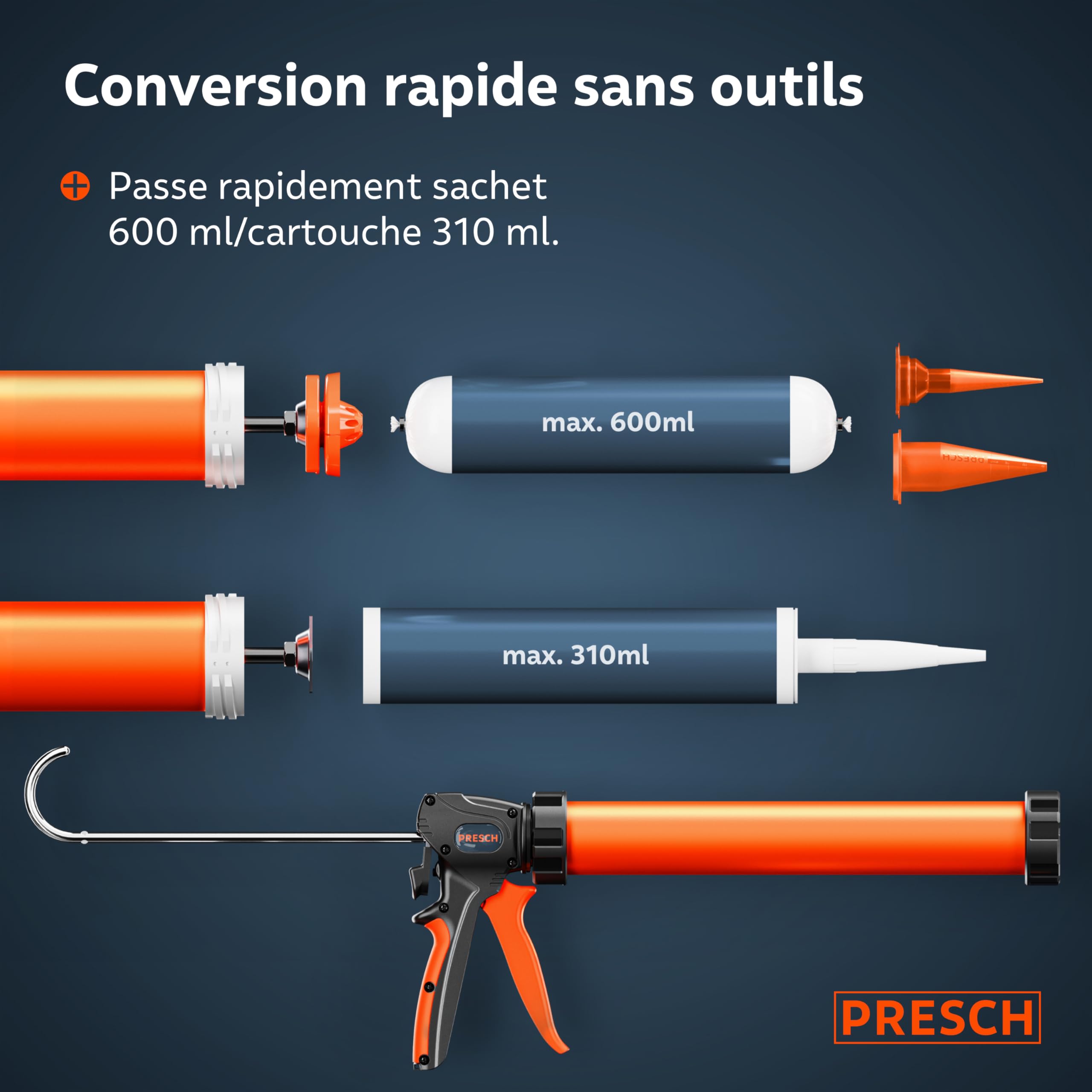 Presch Pistolet silicone 600ml incl. 2 embouts – Pistolet à calfeutrer commutable 24:1 & 12:1 pour tous mastics & adhésifs (acrylique, silicone & PU) – Seringue rotative 360° & poignée antidérapante