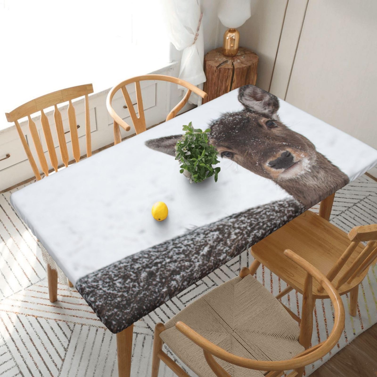 DCEHGEW Elastic Fitted Rectangle Tablecloth for 5ft Tables, Wild Animals Deer Printed Oilproof & Washable Fabric Picnic Table Cloth Table Covers