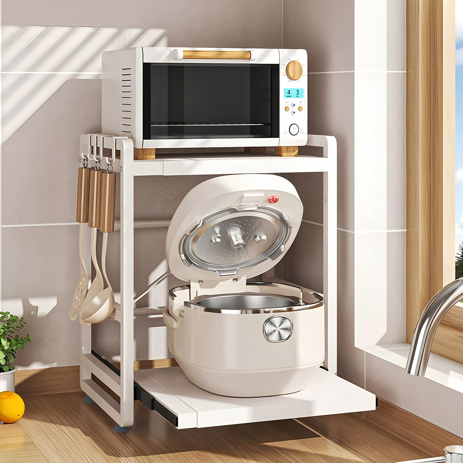Estante de cocina con 2 niveles, altura ajustable y estante extensible con cajón, acero al carbono, ganchos y ventosas de refuerzo, fácil montaje, color blanco