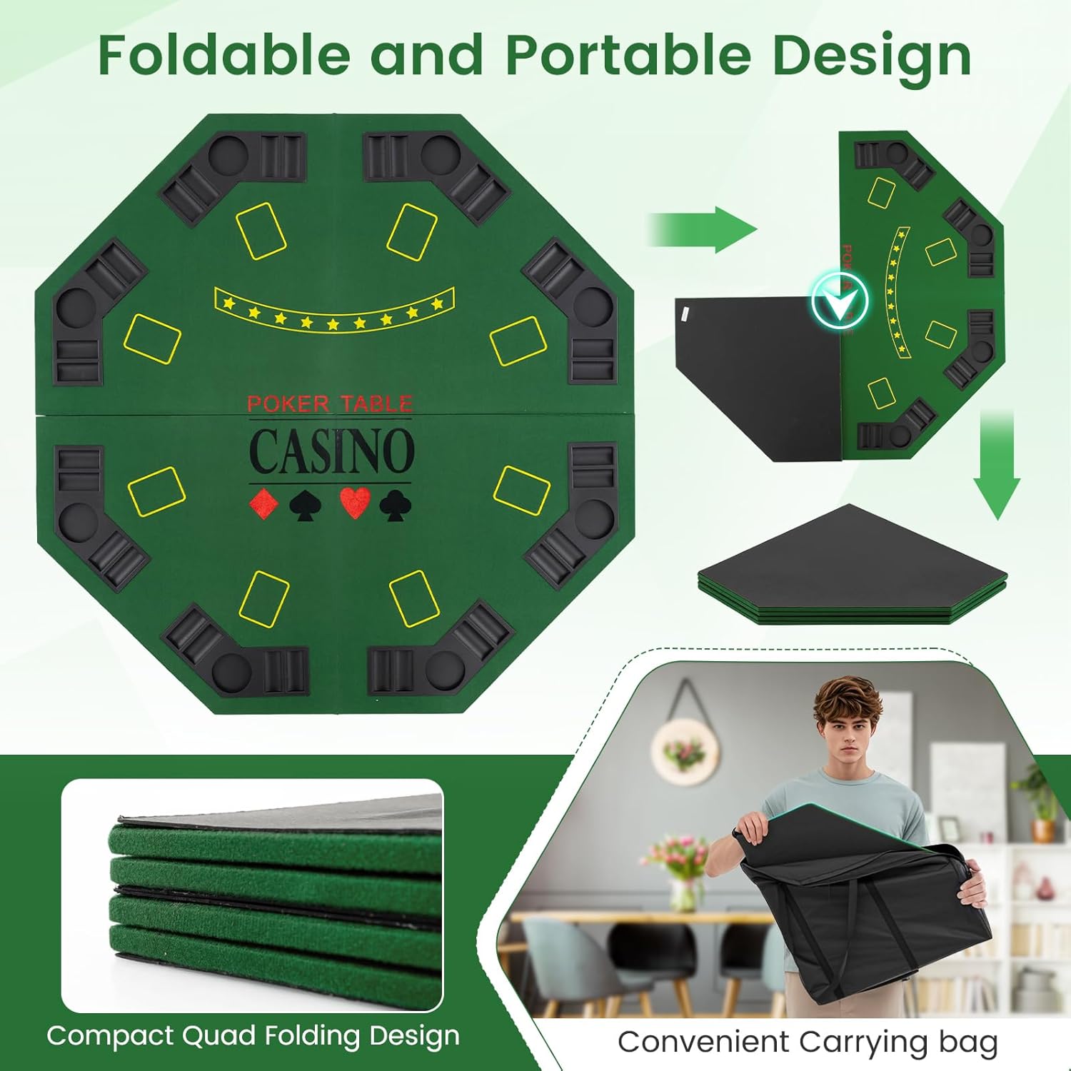 Giantex 48" Poker Table Top, 8 Player Foldable Texas Holdem Poker Mat Layout w/Carrying Bag, Cup Holders, Chip Trays, Portable Anti-Slip Blackjack Octagonal Poker Table Topper for Card Casino Game