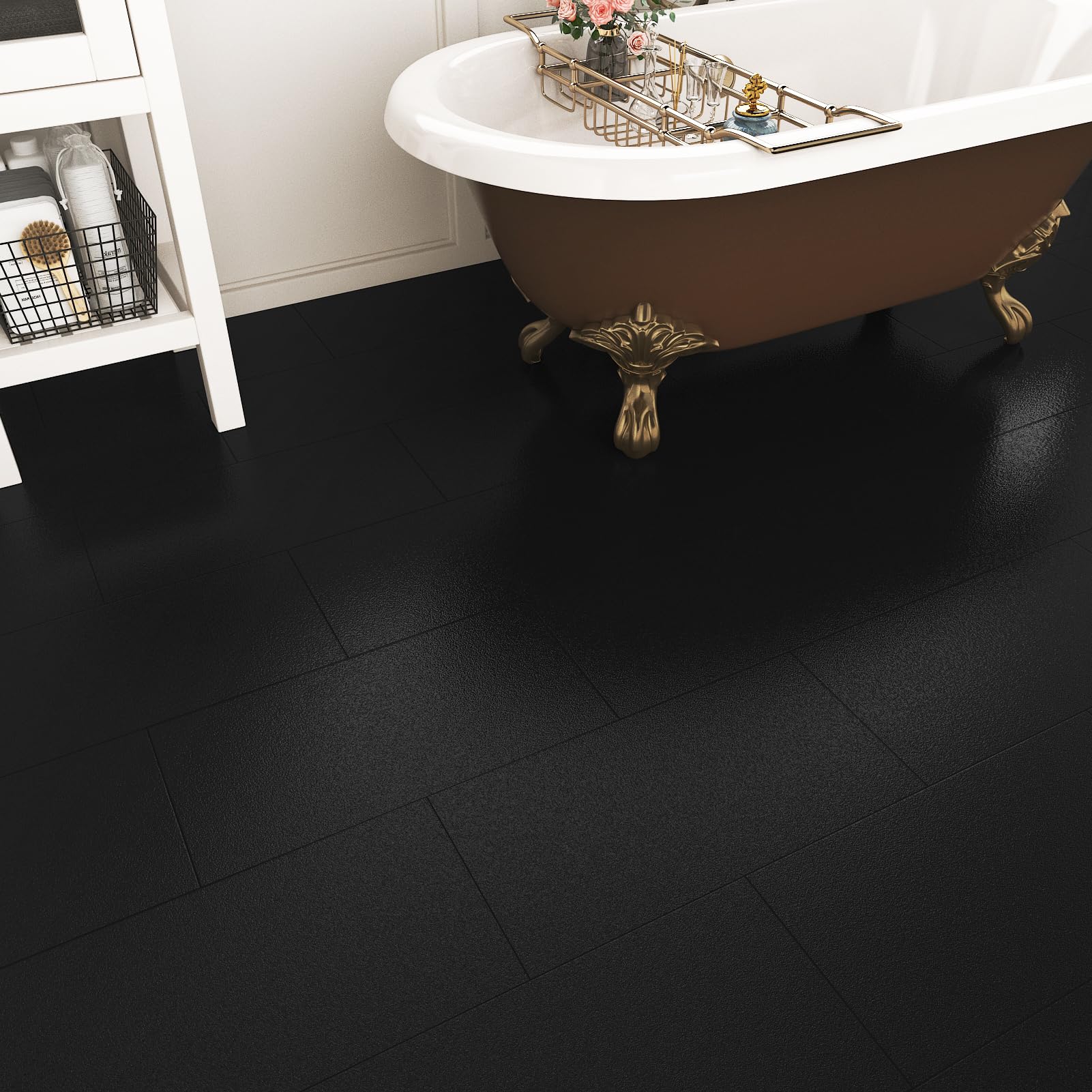15 piastrelle nere adesive per pavimenti del bagno, in vinile, impermeabili, rimovibili, autoadesive, per affittuari, cucina, lavanderia, camper, 30,5 x 61 cm