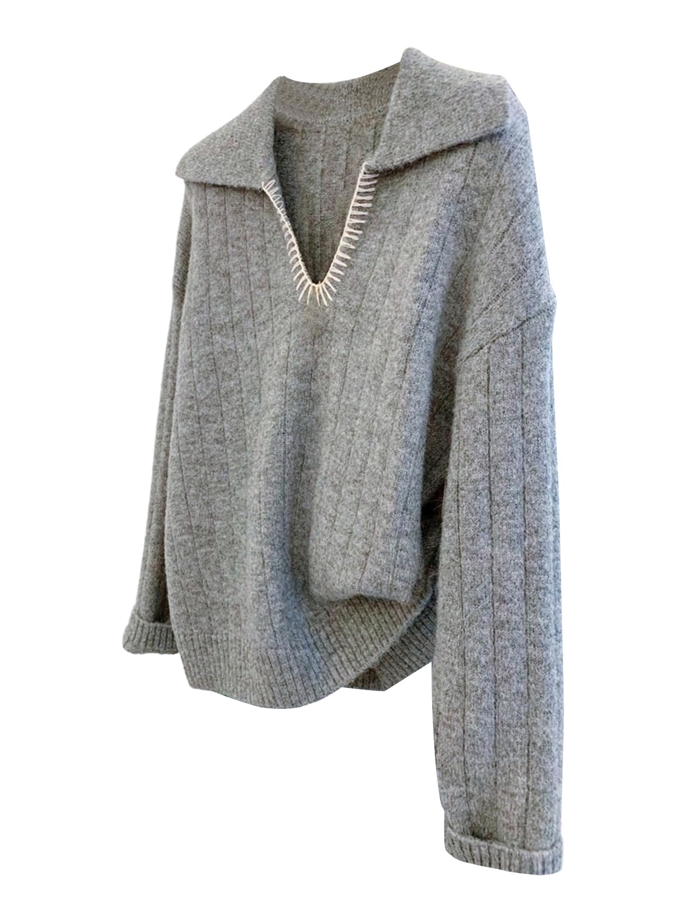 Womens Collar V Neck Sweater Dressy Casual Long Sleeve Knit Pullover Tops