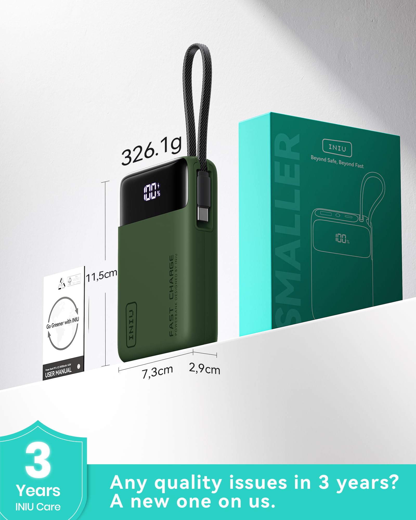 INIU Power Bank, Piccolo 20000mAh 45W Ricarica Rapida Caricatore Portatile | Cavo USB C Integrati, Sicuro in Aereo, Essenziale da Viaggio, Powerbank per iPhone 17 16, Xiaomi, Samsung, iPad ecc