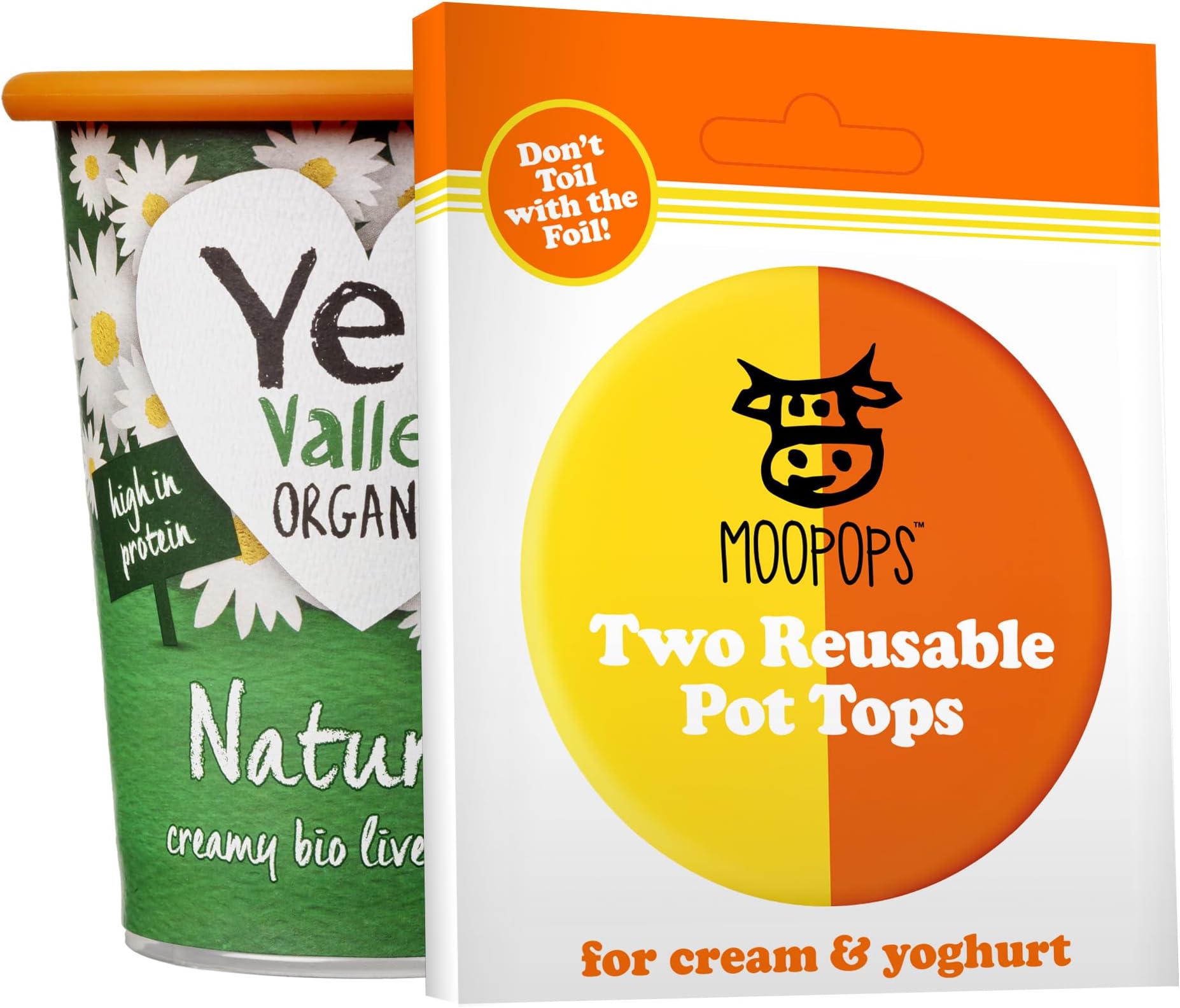 MOOPOPS - Large Pot Tops. 2 Reusable Silicone Lids Specifically Designed to Fit Standard Yoghurt and Cream Pots to Seal in Freshness - Bright (Orange and Yellow)
