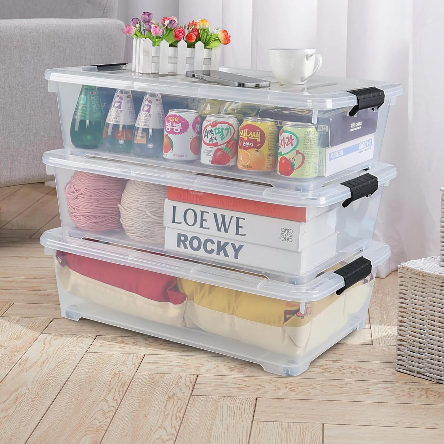 25 L Under Bed Storage Containers Plastic, 3 Packs Latch Storage Box with Wheels