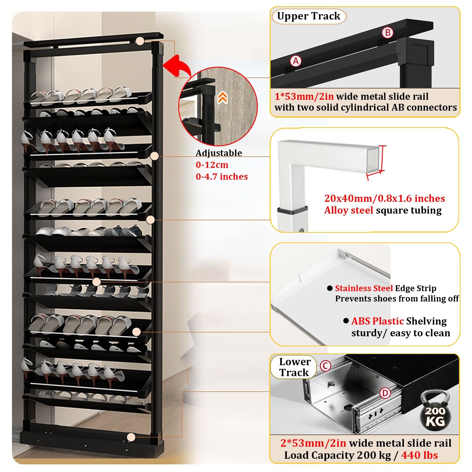 Zapatero deslizante empotrado de 11 niveles, diseño que ahorra espacio, con riel deslizante resistente para vestíbulo y entrada, 65 cm de profundidad para una máxima capacidad de almacenamiento