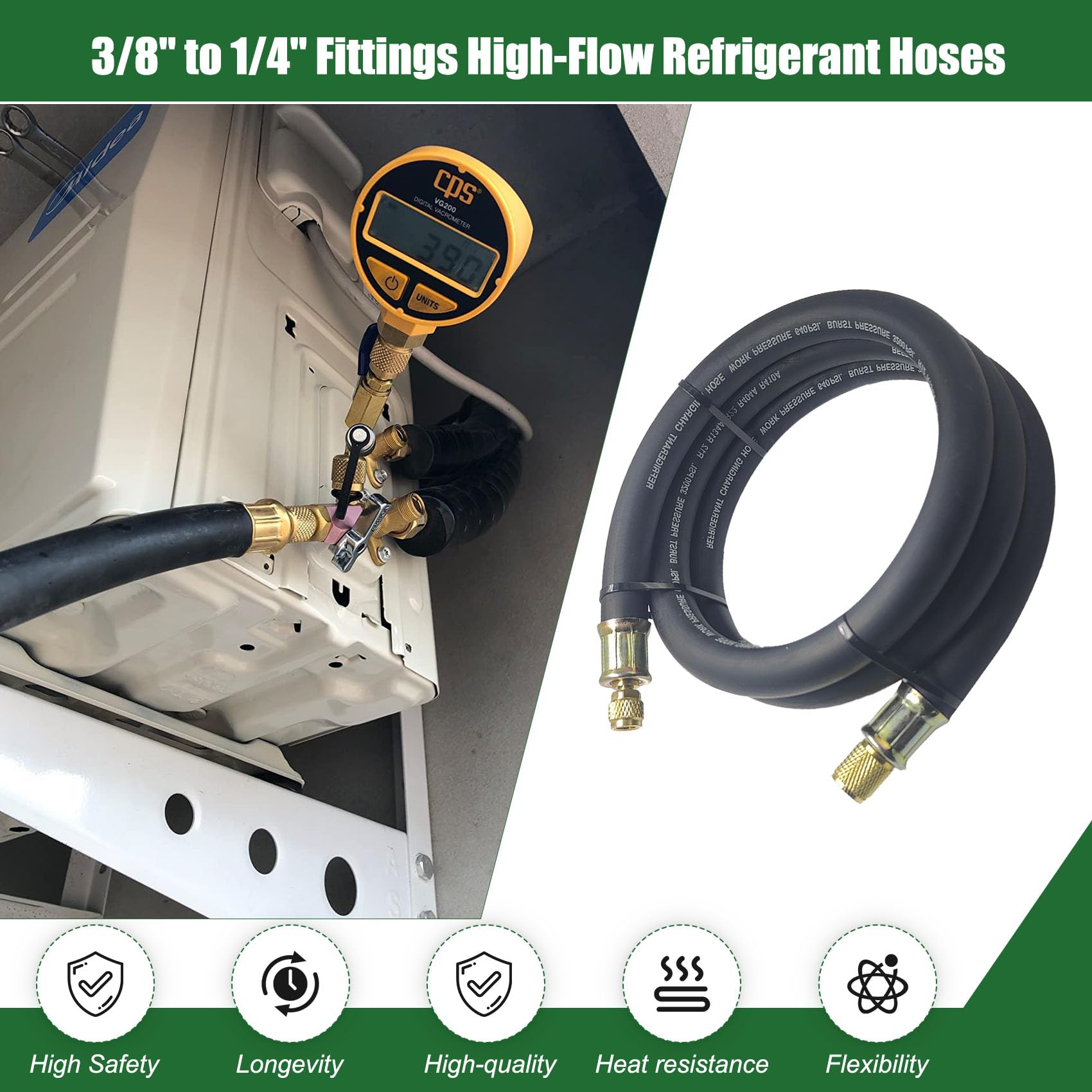 NHB1 Tuyau d'aspirateur CVC de 1,8 m de diamètre intérieur de 1,27 cm, raccords de 0,9 cm à 0,6 cm, tuyaux de réfrigérant à haut débit, tuyau de pompe à vide de 20 microns, évacuation et récupération