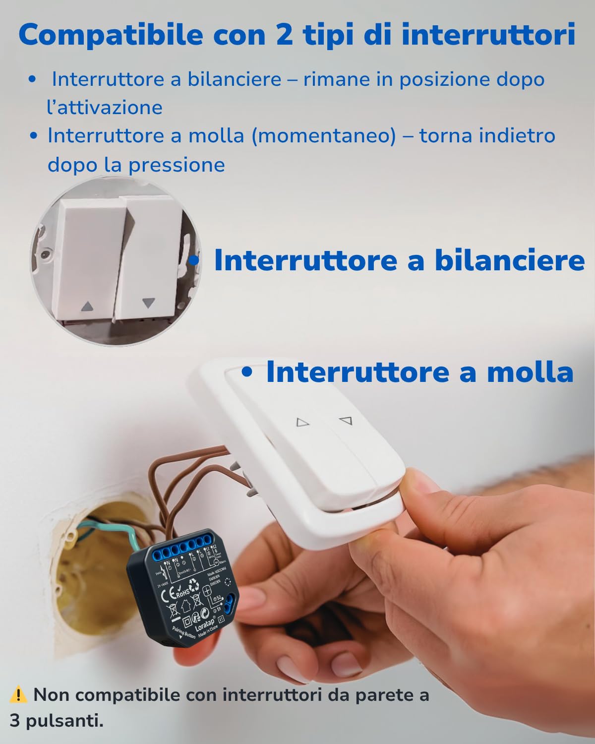 LoraTap Interruttore Tapparelle WiFi 2 Pezzi: Apertura 0–100% con App | Apertura precisa senza arresto manuale – Timer – Controllo vocale – Senza hub – Interruttore mantenuto – AC 4 fili 300W