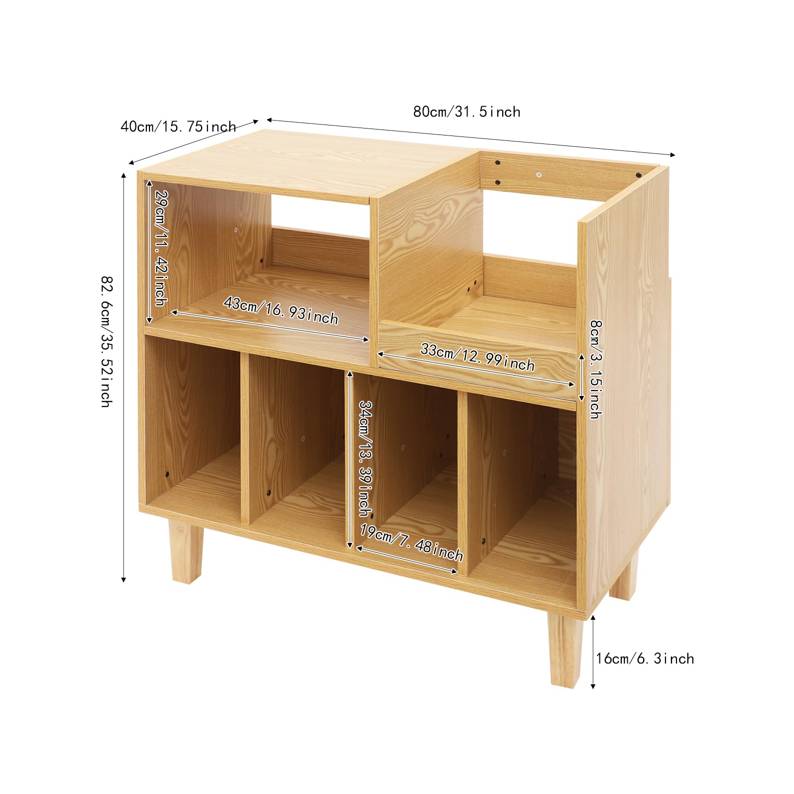 Supporto per giradischi, in legno multistrato con 6 scomparti, portata 45 kg, base rialzata, 82,6 x 80 x 40 cm, per dispositivi di riproduzione in vinile LP CD, per soggiorno