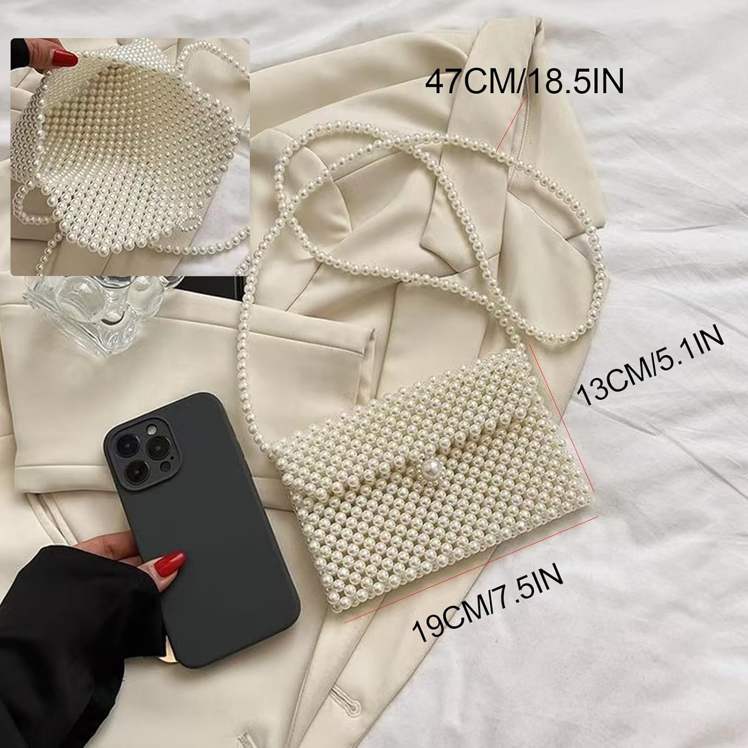 Luxury Pearl Bag Chain Bag Purse Bags, Artificial Pearl Clutch Crossbody Handmade Bags Evening Bags for Party Wedding Bridal Party Travel Prom(White) - Image 2