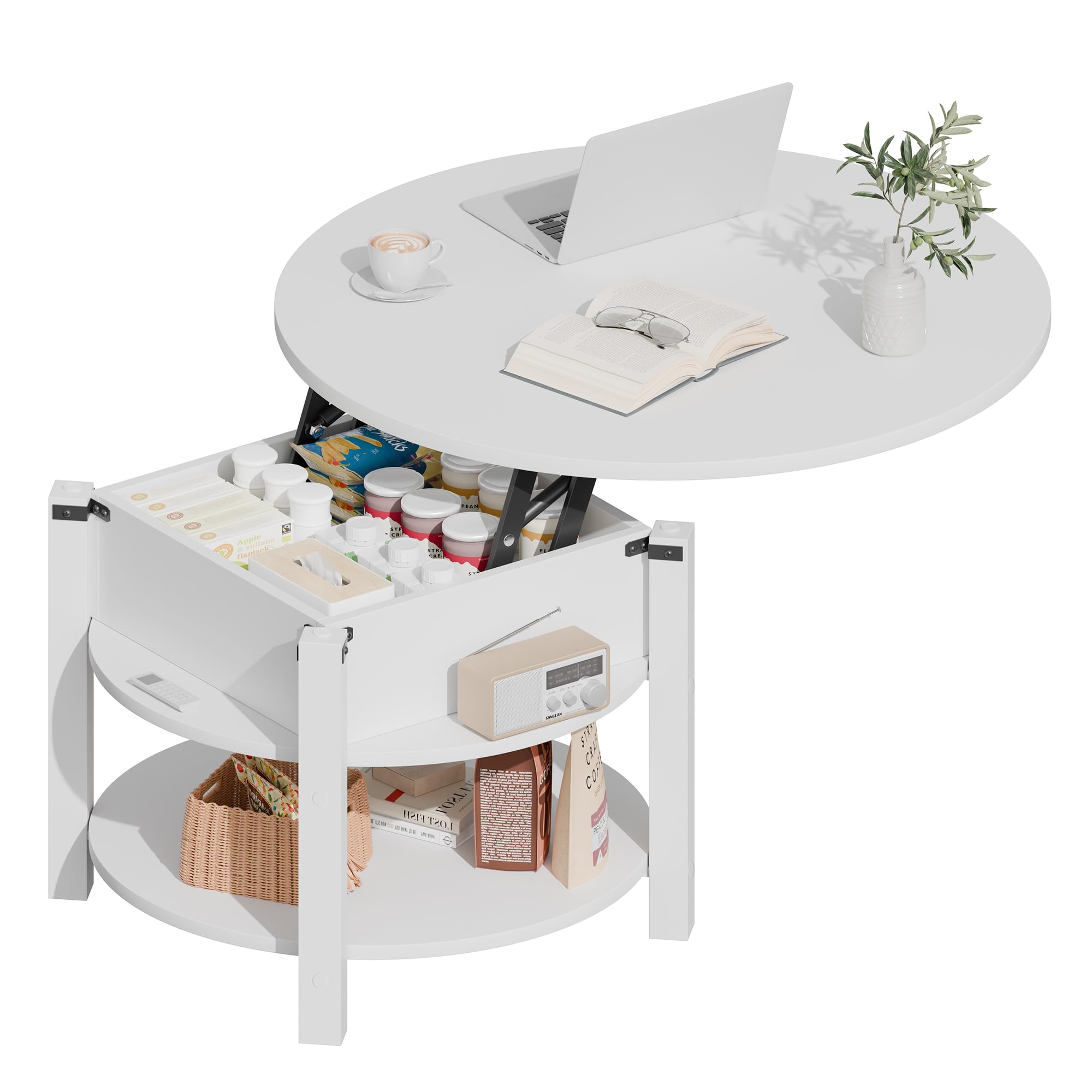 ELUCHANG Mesa de Centro Redonda Elevable y Extensible 2 en 1 para Salón y Oficina, Mesa de Cafe con Espacio de Almacenamiento de 2 Niveles, Madera en Blanco, 80x80cm