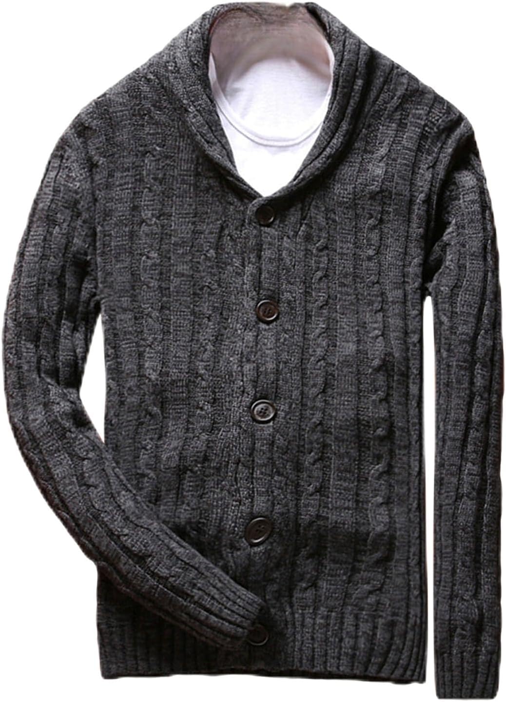 Mens Loose Cardigan Sweaters Slim Fit Long Sleeve Open Front Outwear Winter Stand Collar Cable Knit Button Sweater
