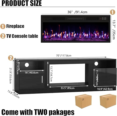 Miniatura 2 de VITESSE Chimenea con soporte para TV, chimenea eléctrica de 36 pulgadas, televisores de hasta 80 pulgadas, centro de entretenimiento con luz LED, 70