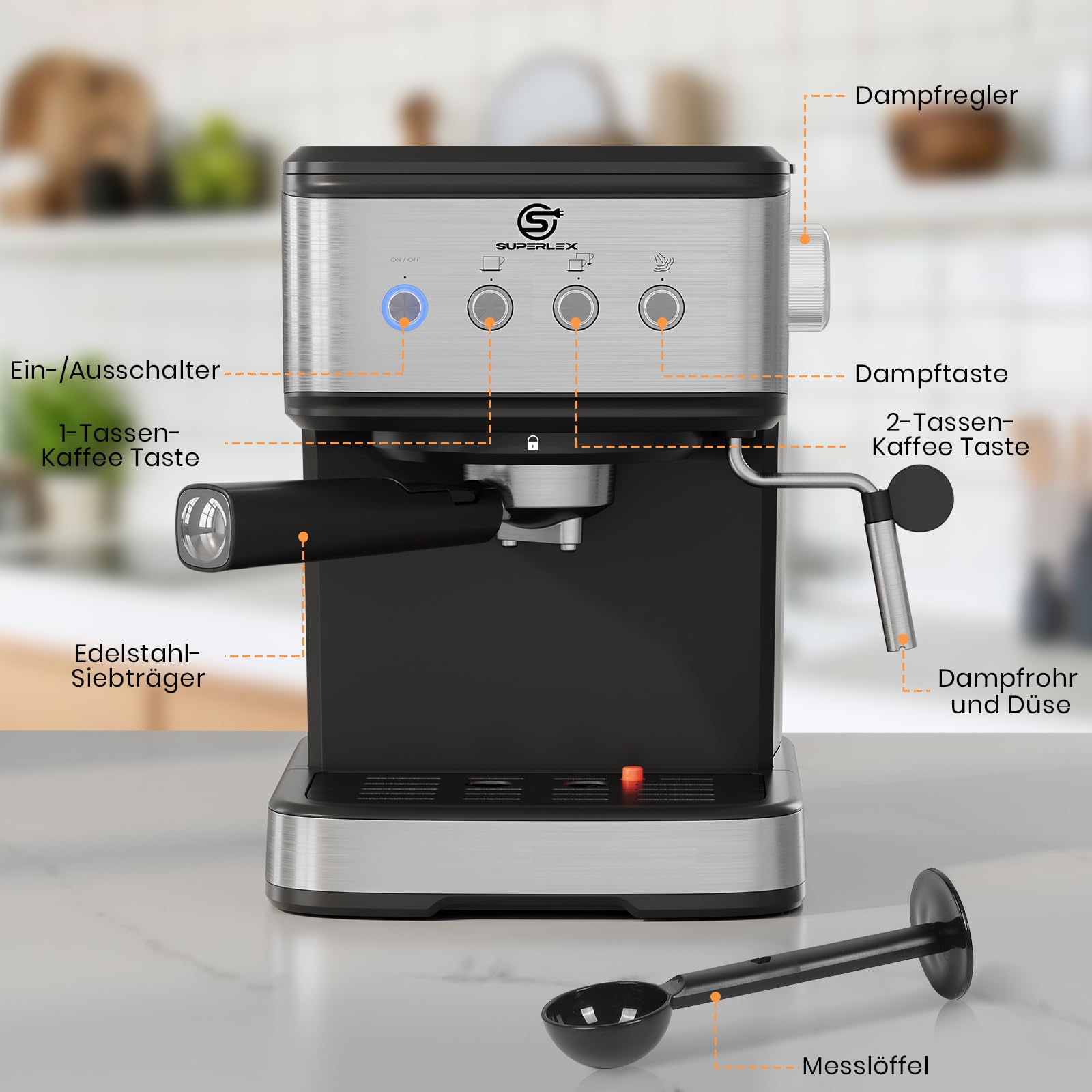 Porte-filtre pour machine à expresso, en acier inoxydable, 15 bars, pression 1100 W, pour machine à café expresso, cappuccino, latte, réservoir d'eau de 1,5 l, machine à café compacte