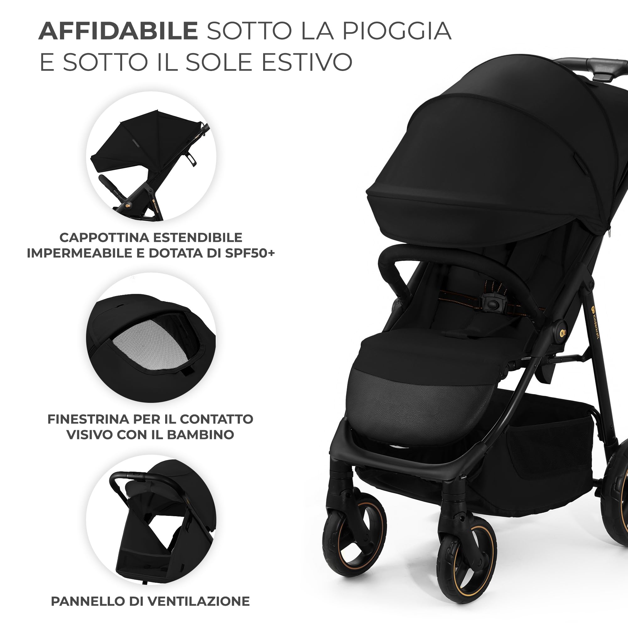Kinderkraft TRIG 3 Passeggino Leggero, Pieghevole, Posizione Distesa, Posizione Reclinata, Sospensione 4 Ruote, Cinture di sicurezza a 5 punti, Bambini, Fino a 25 kg, Nero