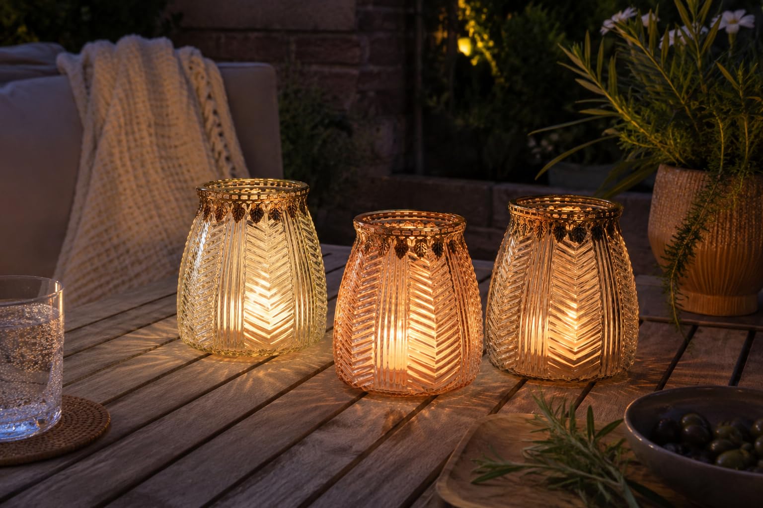 Windlicht 3er Set aus braunem Glas in Bernsteinoptik mit Goldrand