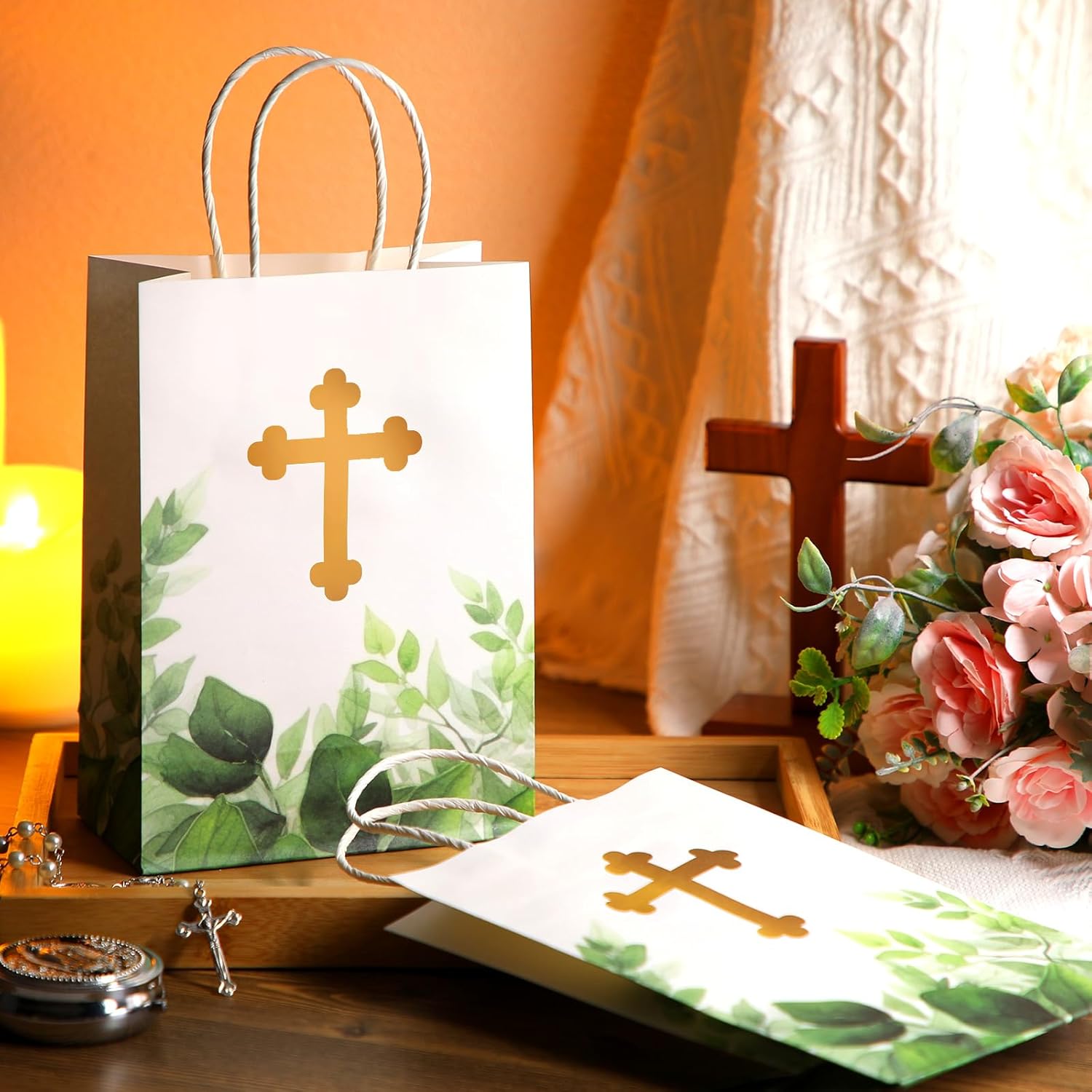 Dinifee 50 Pcs Baptism Gift Bag Christening Religious Party Bags Bulk First Communion Gifts for Boys Girls Christening Baby Shower