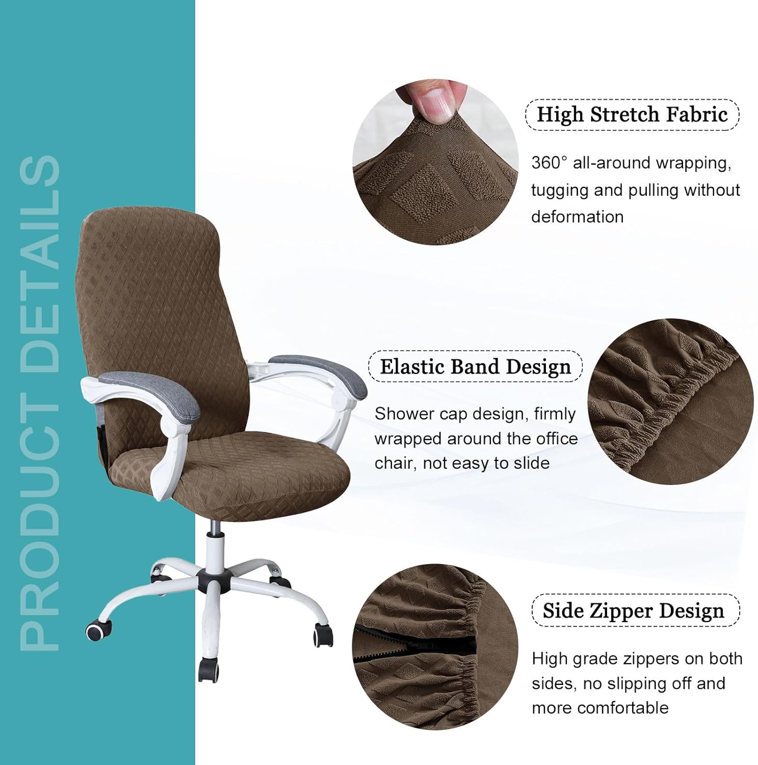 Stretch Waterproof Office Chair Cover, Desk Chair Cover Checkered with Zipper Ties Computer Chair Cover Washable for Office Chair Armrest Chair-Light Coffee-Large