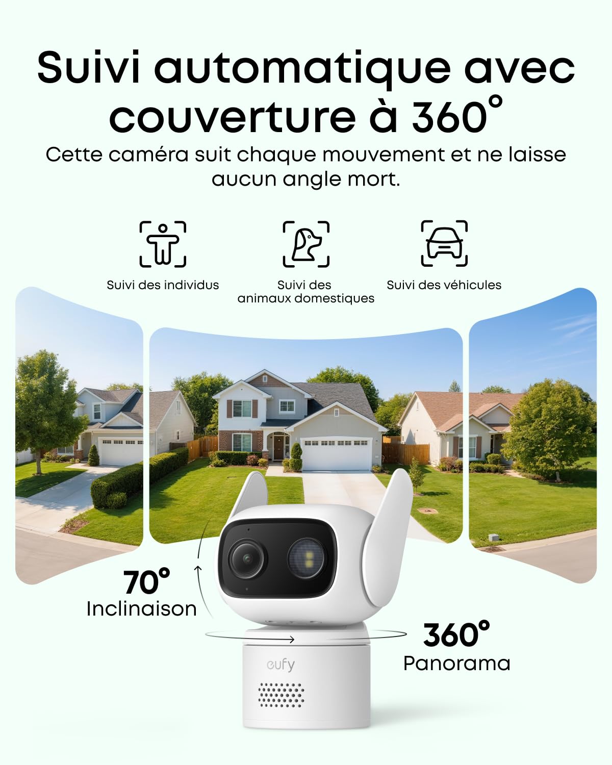 Caméra Filaire eufy C31, caméra extérieure et intérieure 360°, Panorama et Inclinaison, Double antenne, Vision Nocturne Couleur, Stockage Local, sans abonnement, détection IA, Enregistrement continu