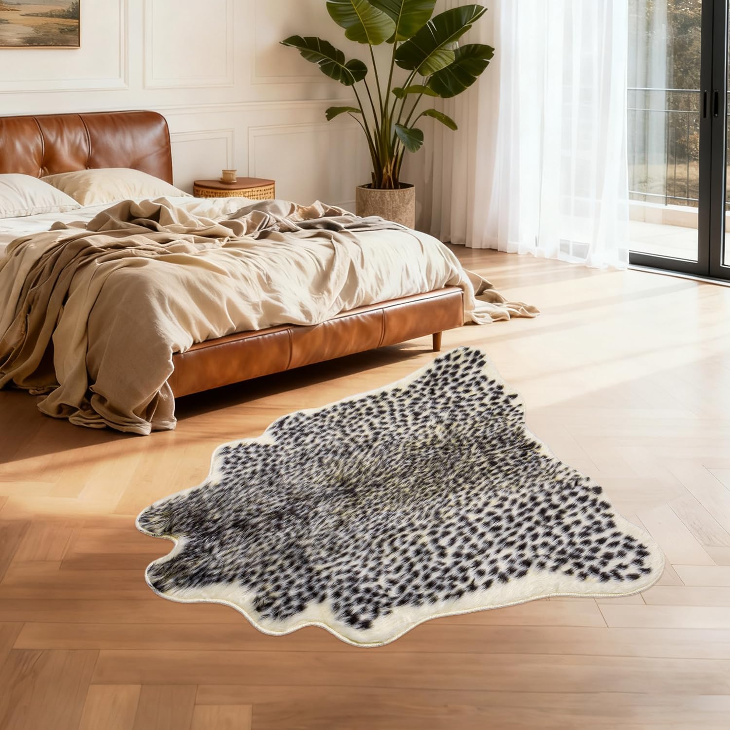 Leopard Rug - 3.4 x 3.1ft Cheetah Print Rug Faux Animal Cowhide Hide Mat Cheetah Area Rug for for Western Boho Room Decor Machine Washable Accent Carpet for Bedroom Living Room