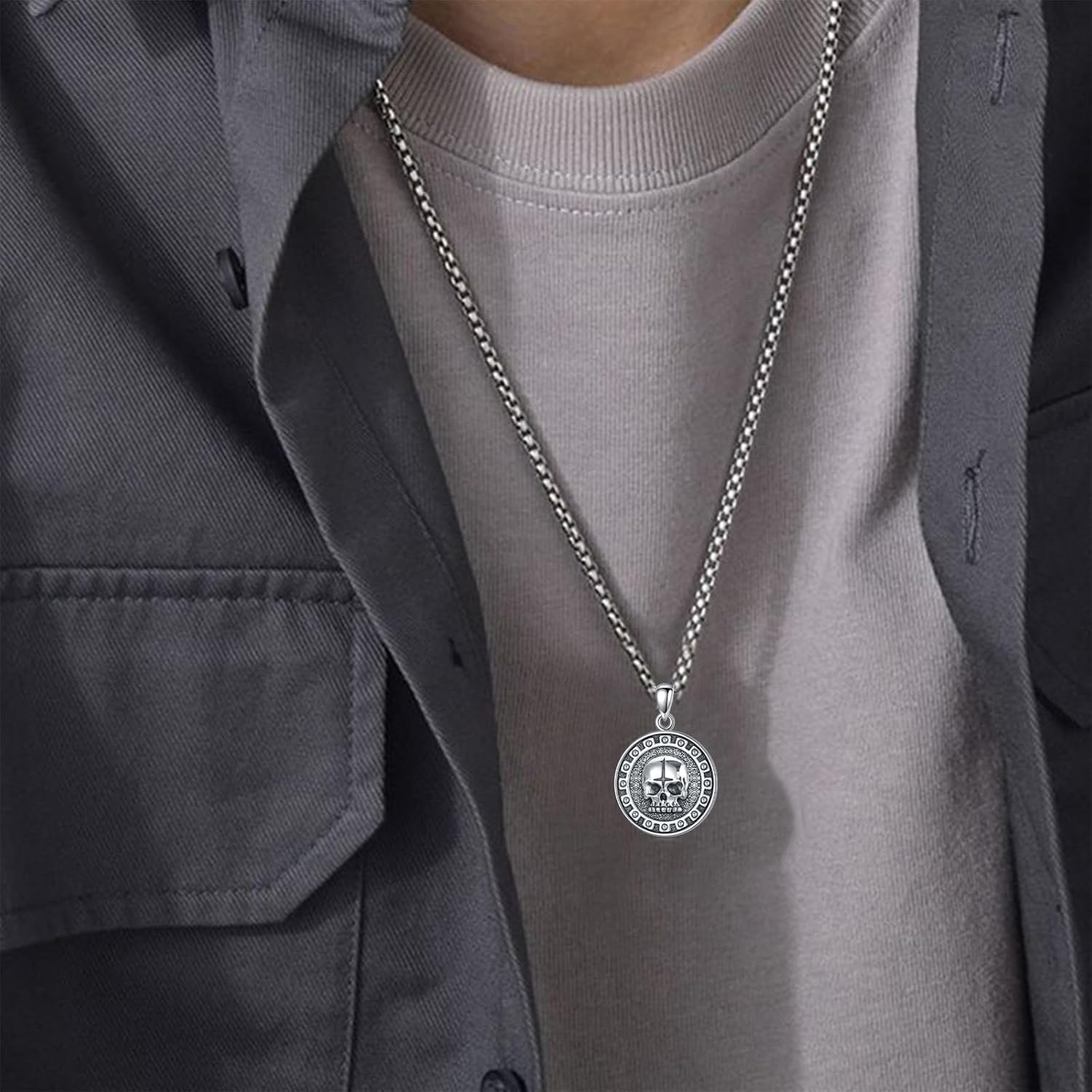 Skull Necklace 925 Sterling Silver Gothic Skull Head Medal Pendant Goth Jewelry Gift for Men Women - Image 5