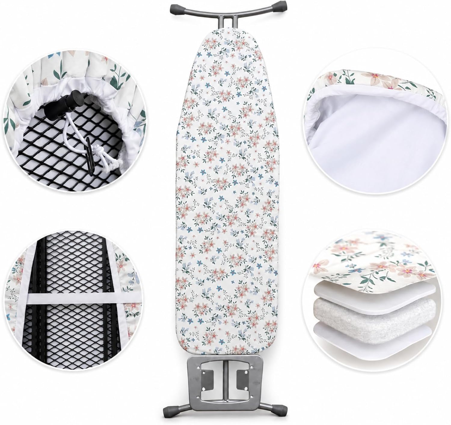Ironing Board Cover 18x49, Thick Iron Board Cover with 6 mm Felt Padding, Adjustable Drawstring, Hook and Loop Fasteners, Flowers and Butterflies Printed