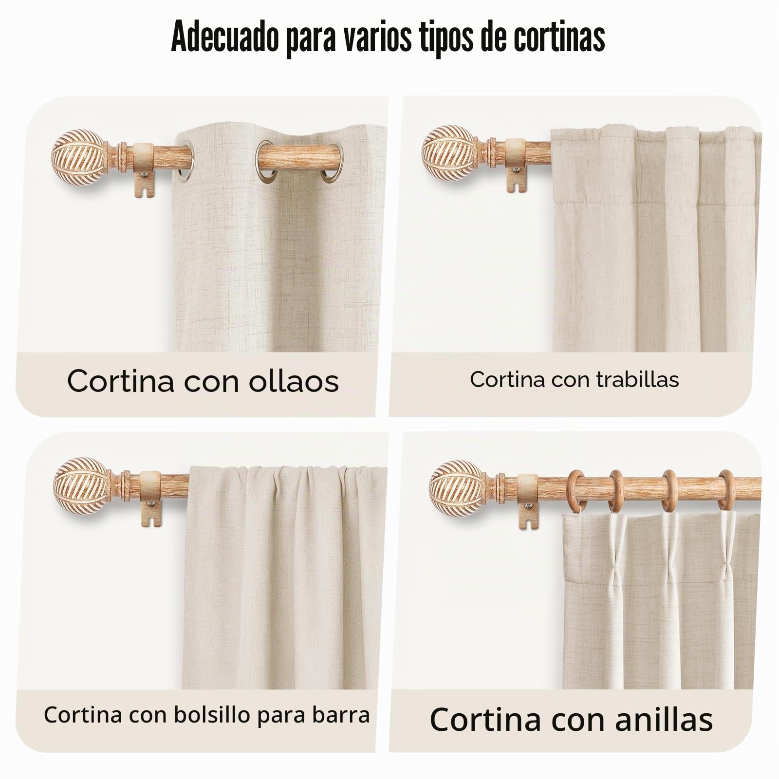 Barra de cortina extensible con efecto de madera, 76-305 cm, núcleo de metal de 25 mm, con vetas de imitación de madera, compatible con ojales, barra extensible para ventanas y puertas, color
