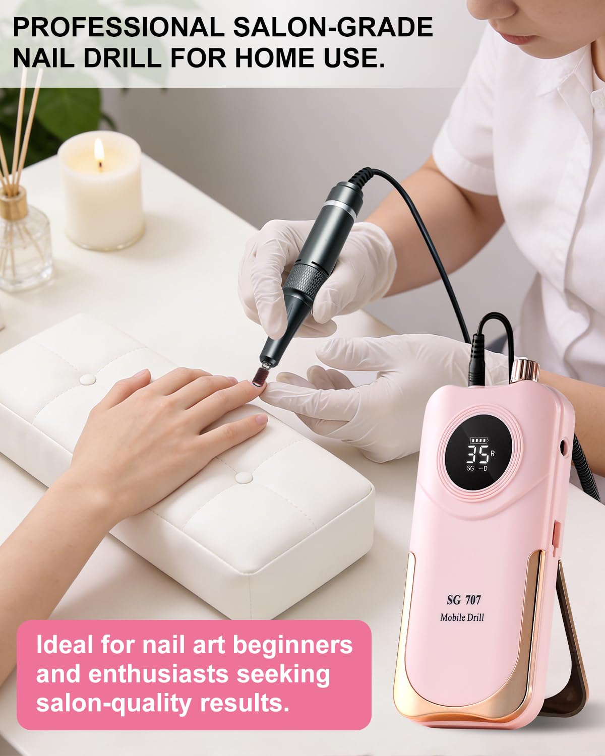 Professional Electric Nail Drill Kit 35000RPM with 14PCS Bits Pink Portable Rechargeable Cordless File Machine for Acrylic Gel Powder Nails and Manicure Pedicure Toenail Tool Salon Set