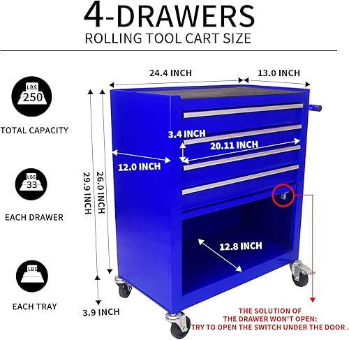 Miniatura 3 de Carrito de herramientas con ruedas de 24.4 pulgadas, caja de herramientas rodante con 4 cajones, cajones con cerradura para garaje, almacén, taller