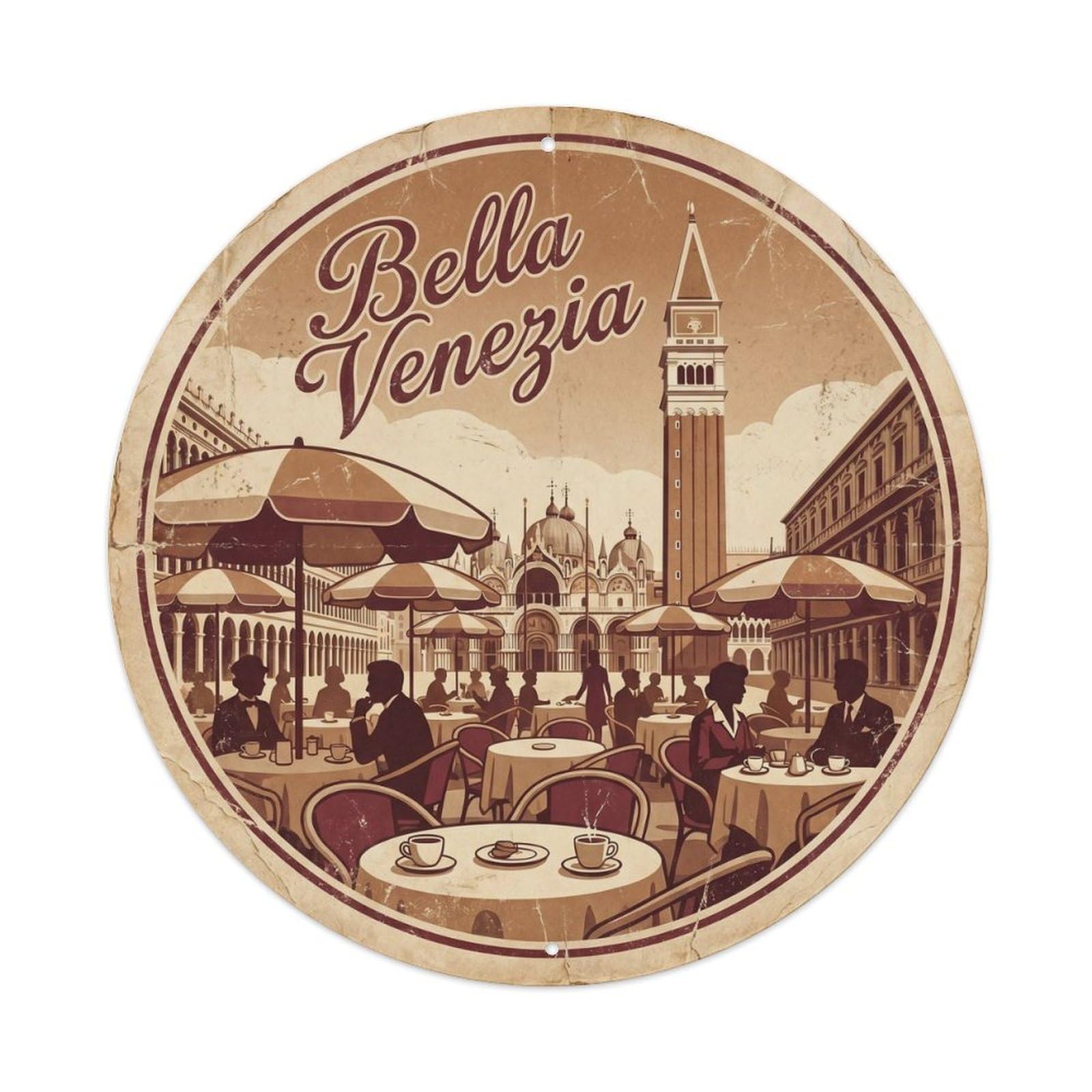 Venezia City Square Travel Italian Heritage Destination Metal Tin Sign Plaque Wall Decor for Cafe, Man Cave, Club Bar, Office, Home Garden Round Metal Poster 8x8Inch