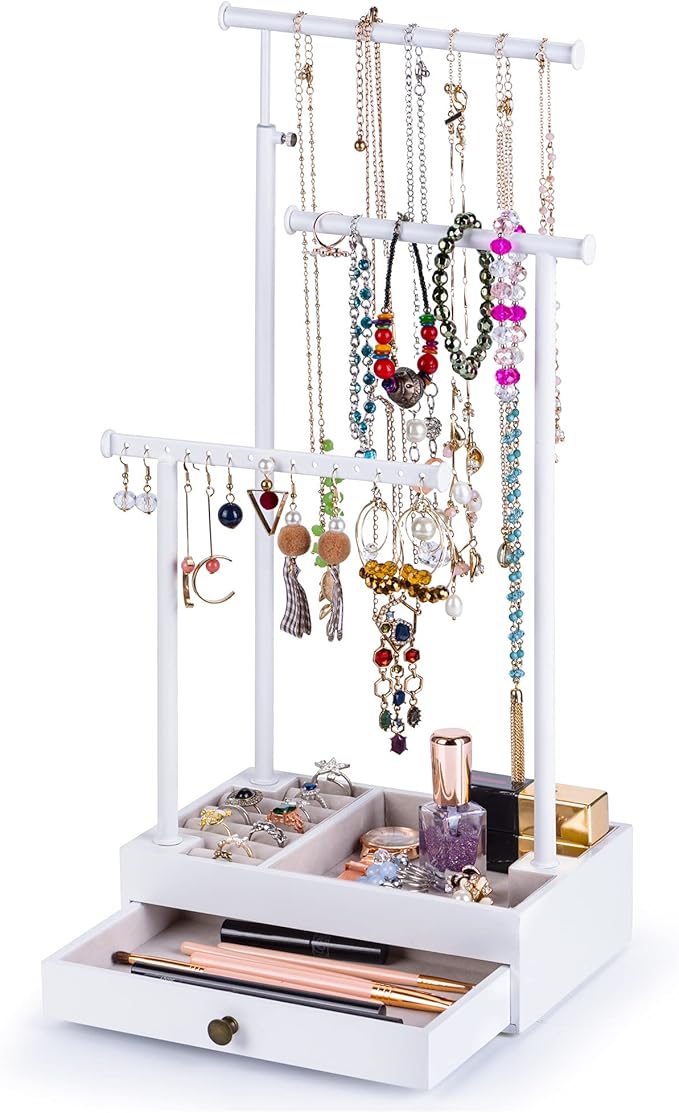 Love-KANKEI Necklace Holder Jewelry Tree Stand Adjustable Height with Large Storage for Necklaces Bracelets Earring Rings Drawer Jewelry Organizer Jewelry Display White and White