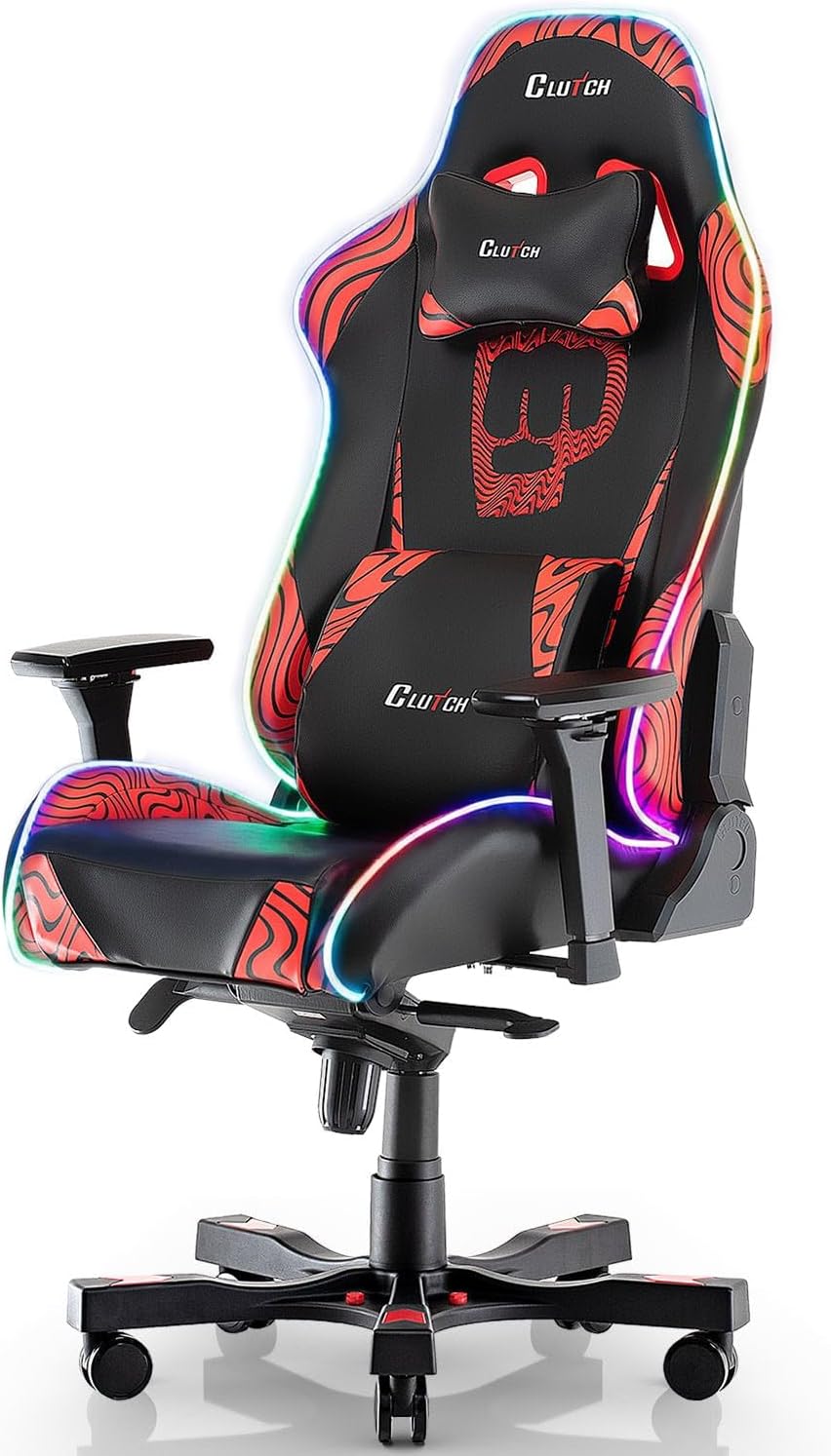 - Clutch Chairz Throttle Series Pewdiepie Edition LED Gaming Chair - Premium Ergonomic Design, Lumbar and Head Support Pillows - Black/Red