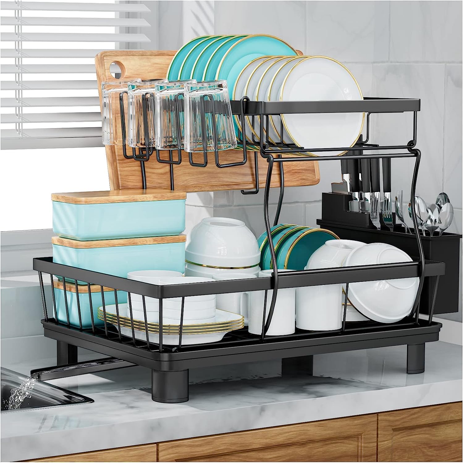 2 Tier Dish Drying Rack, Large Capacity Detachable Dish Racks for Kitchen Counter, Stainless Steel Scratch Resistant Dish Drainer Organizer with Rotatable Drain Board & Utensil Holder(Black)