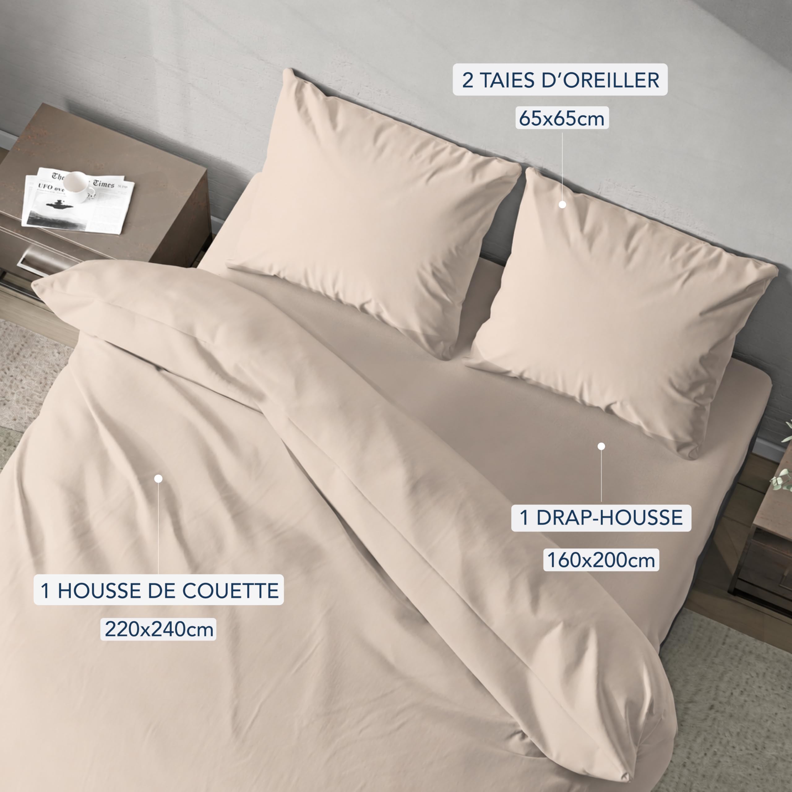 Dreamzie Parure de Lit 160 x 200 4 Pièces Housse de Couette 240x220 cm + Drap Housse 160 x 200 cm avec 2 taies d'oreillers 65x65 cm 240x220 Parure 100 Fils/cm² en Microfibre - Oeko-Tex