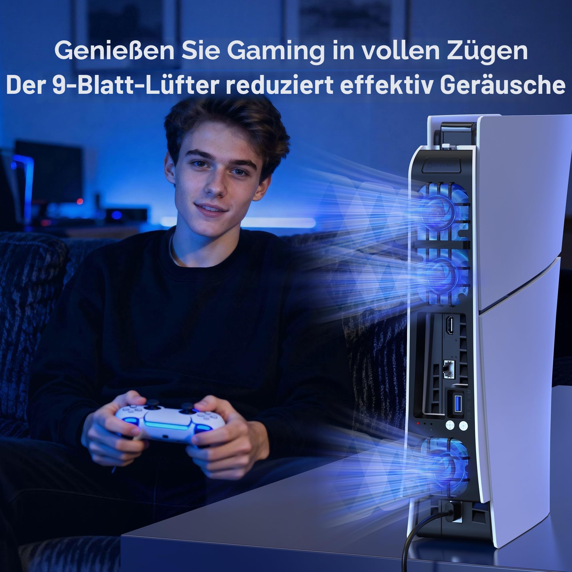 NEWDERY Kühlventilator für PS5 Slim Konsole, verbesserter leiser Kühlventilator, automatische temperaturgesteuerte Geschwindigkeit, dynamisches RGB-Licht, USB 3.0-Anschluss, passend für PlayStation 5