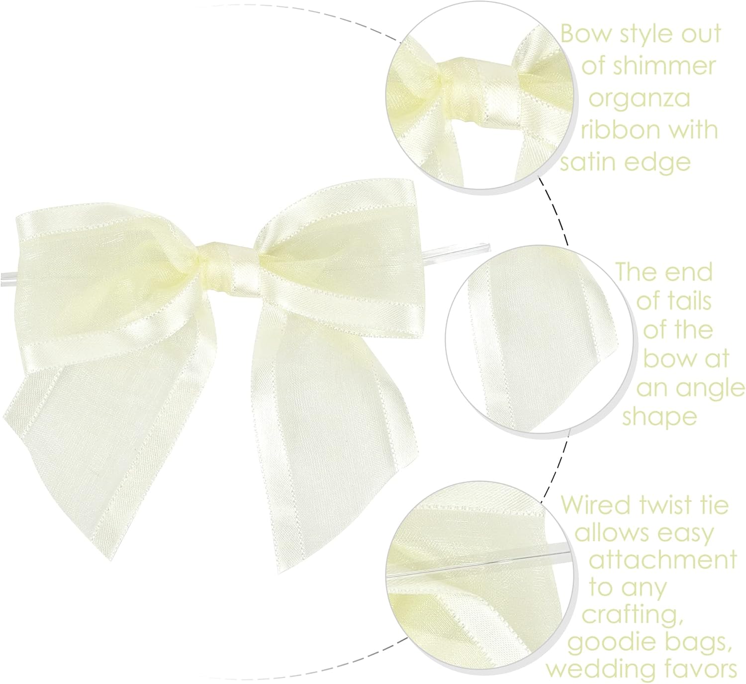 AIMUDI Ivory Bows for Weddings 4" Organza Bows Premade Twist Ties Bows for Gift Wrapping Crafts Treat Bags Baskets Cake Pop Baby Shower Birthday Decor - 12 Counts - Image 2