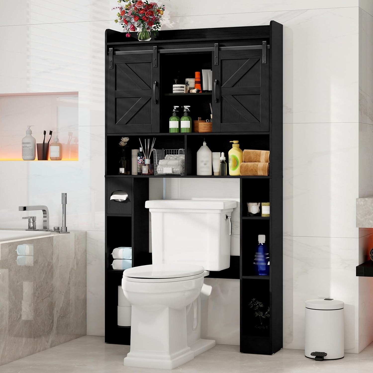 Vabches Farmhouse Storage Cabinet Over Toilet with Sliding Doors, Home Space-Saving Toilet Rack, Over The Toilet Storage Cabinet, Open Storage Shelf, for Bathroom, Laundry, Restroom.Black