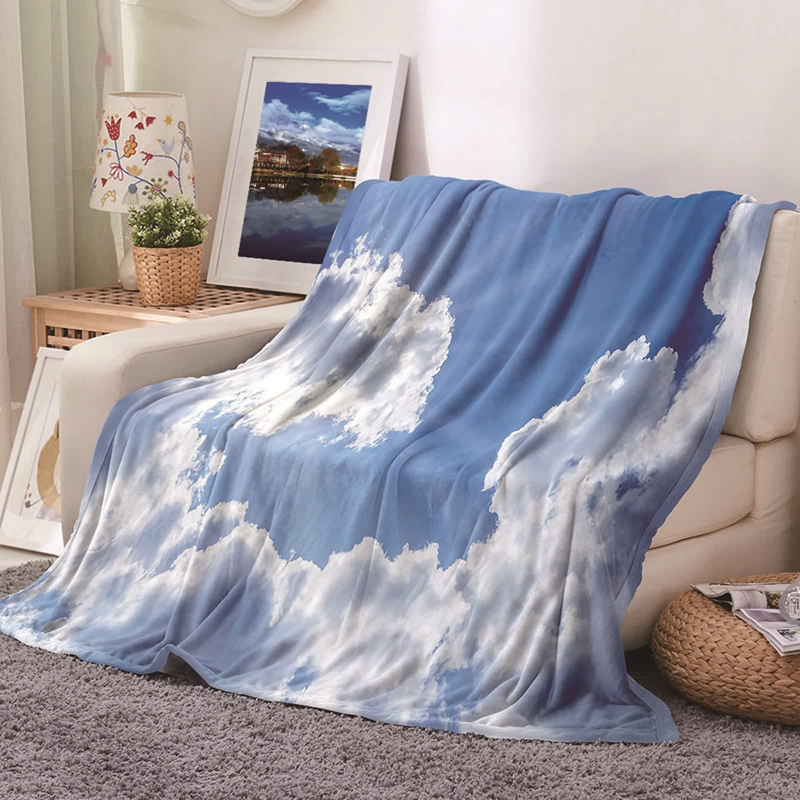 Couverture polaire en flannel douce KnSam plaid nuage de ciel bleu blanc