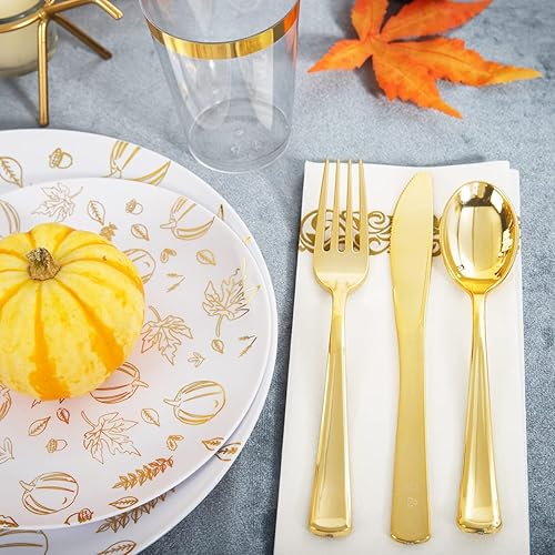 Miniatura 3 de Supernal Juego de vajilla de plástico dorado de 175 piezas, paquete de fiesta de agradecimiento, platos dorados de plástico, diseño de patrón