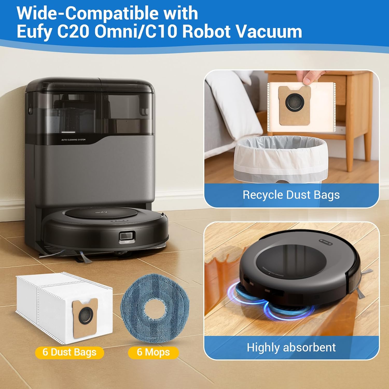 12 Pack Omni C20 Dust Bags and Mop Pads Compatible with eufy Omni C20/ C10 Robot Vacuum with 3.5 L Large Capacity Vacuum Dust Bags