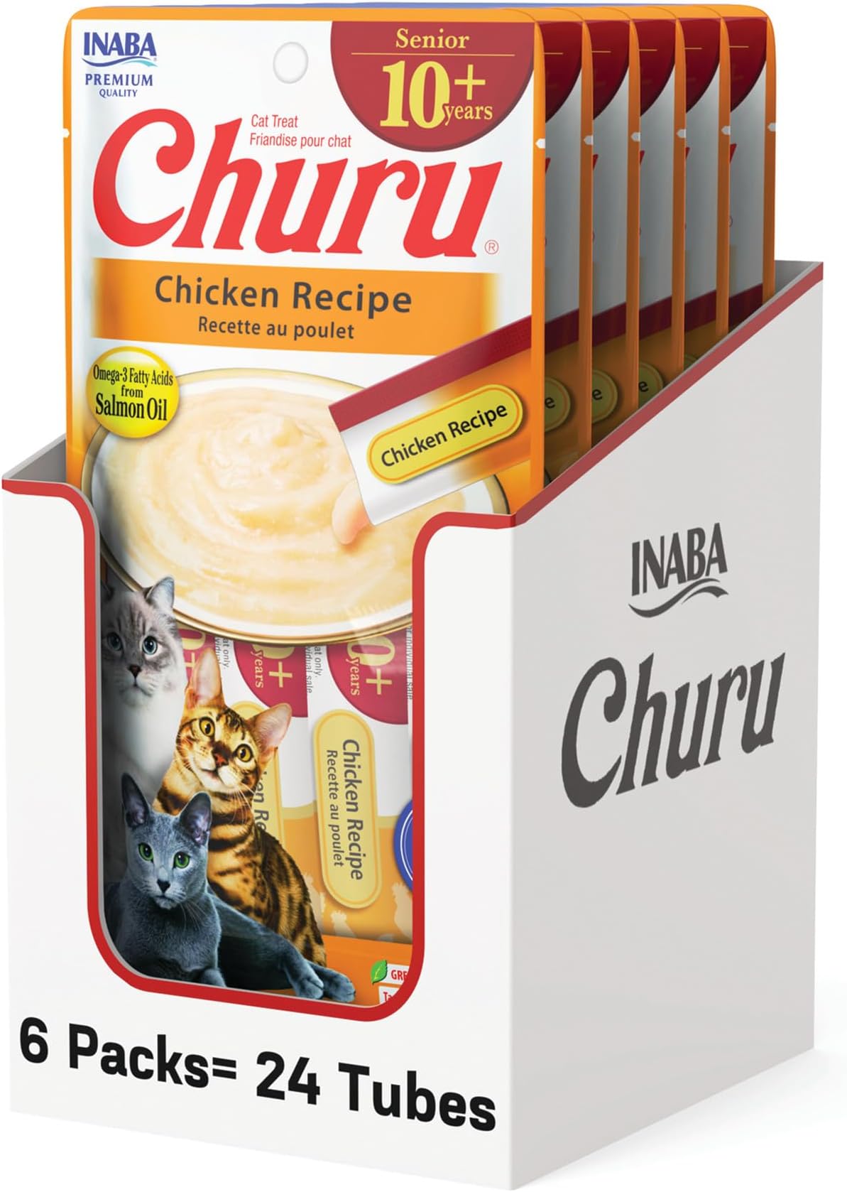 INABA Churu for Senior 10+, Creamy Tasty Cat Treats with Taurine, Vitamin E & C, 0.5 oz each, 24 Tubes (4 per pack), Chicken Recipe