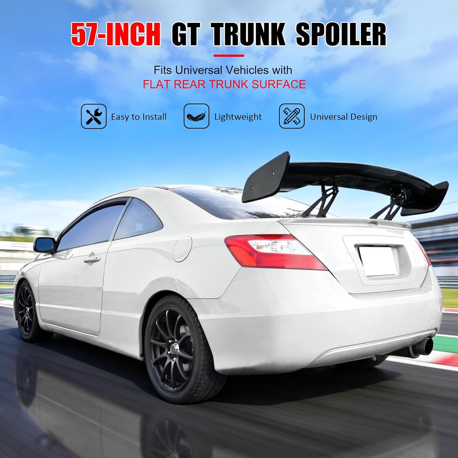 IKON MOTORSPORTS, Universal 57 Inch GT Trunk Spoiler, Compatible with Honda Civic Accord Vehicle, Adjustable High Stand Black Rear Wing Tail Lid Finnisher Deck Lip
